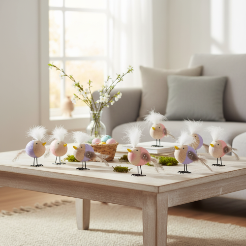 Artikel Deko Vogel Holz mit Federn und buntem Körper für Tischdekoration 10cm 6St