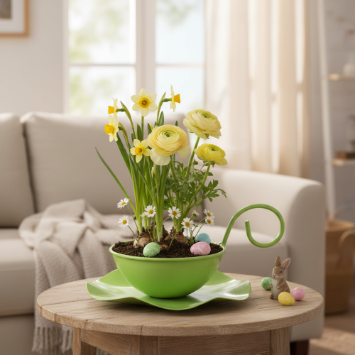 Artikel Metall Deko Tasse mit Unterteller Hellgrün H8cm Ø11,5cm 2St