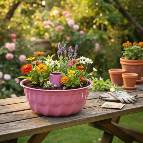 Dekorative Gießkanne und Pflanzgefäß als Gartendeko für Balkon und Terrasse