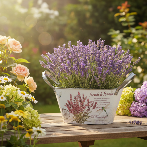 Artikel Blumenschale mit Griffen oval Metall Lavendel 32×15×15cm