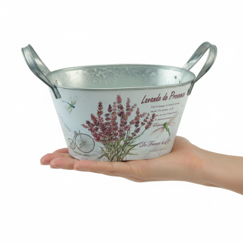 Artikel Blumenschale mit Griffen oval Metall Lavendel 32×15×15cm