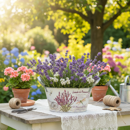 Artikel Blumenschale mit Griffen oval Metall Lavendel 26×13×14,5cm