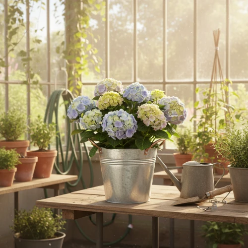 Zinkgefäß mit Blumen als Tischdeko und Landhaus Dekoration