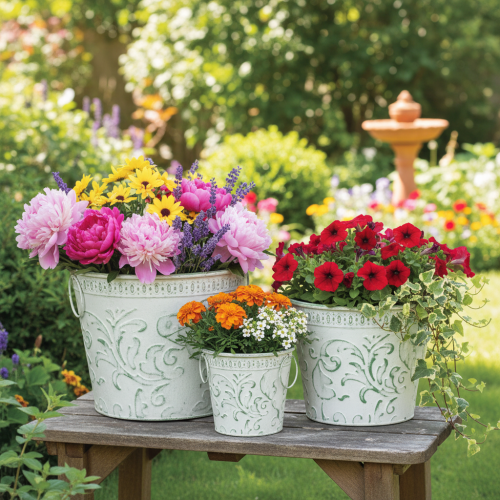 Artikel Metall-Töpfe mit Henkeln, Pflanzkübel mit Prägung Weiß, Grün Shabby Chic H20,5/18,5/16cm Ø25,5/20,5/15,5cm 3er-Set