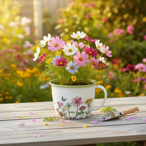 Frühlingshafte Gartendeko mit Naturmaterialien Blüten und Außendekoration