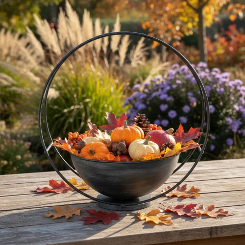 Herbstliche Gartendeko mit Kürbissen Zapfen Blättern und Naturmaterialien