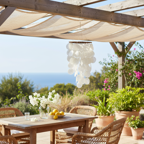 Windspiel Capiz Muschel Mobile rund 70 cm Länge für Balkon oder Garten | Floristik24.de