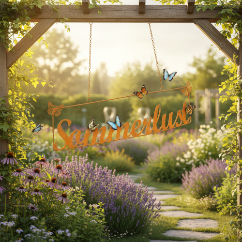 Gartendeko mit Schmetterlingen, Hänger “Sommerlust”, Metalldeko Edelrost L54,5cm H14cm | Floristik24.de