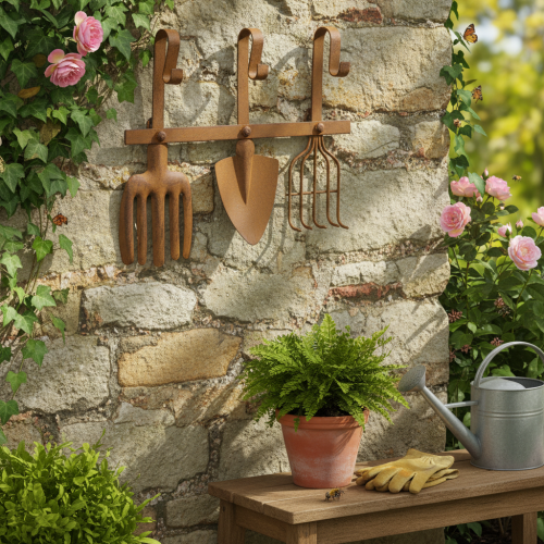 Hakenleiste Gartenwerkzeuge, Gartendeko, Harke Spaten Rechen, Garderobe aus Metall Edelrost L33,5cm | Floristik24.de