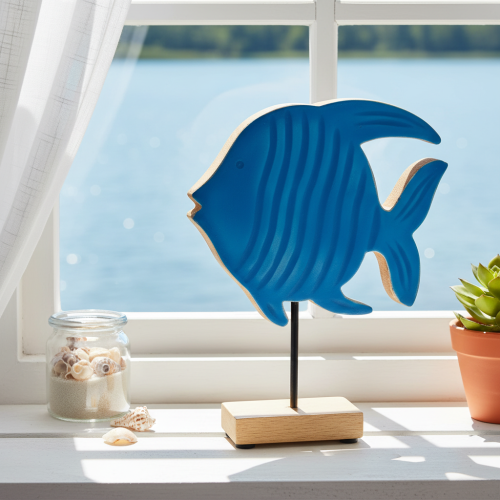 Holzfisch Figur Maritime Dekoration Handgefertigte Tischdeko für Wohnzimmer 22cm | Floristik24.de