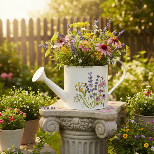 Artikel Weiße Metall Gießkanne mit Blumenmotiv 13,5cm Deko Pflanzkanne