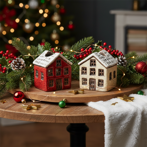 Kerzenständer Keramik Dekohaus mit Schnee für Tischdekoration 7cm 2St | Floristik24.de