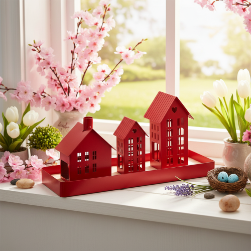 Metall Windlicht Häuser Rot mit Tablett 35cm 1Set | Floristik24.de