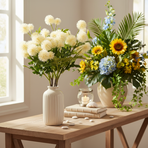 Kunstblume Chrysantheme cremeweißer Bund Dekozweig groß 56cm 4St | Floristik24.de