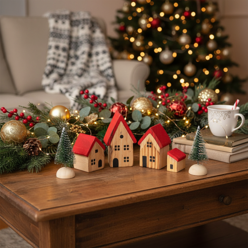 Holz Dekohaus Set mit roten Dächern und Tannenbäumen 12cm 6-tlg | Floristik24.de