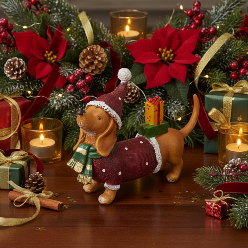 Artikel Dekofigur Dackel mit Geschenkpaket und Mütze 18cm