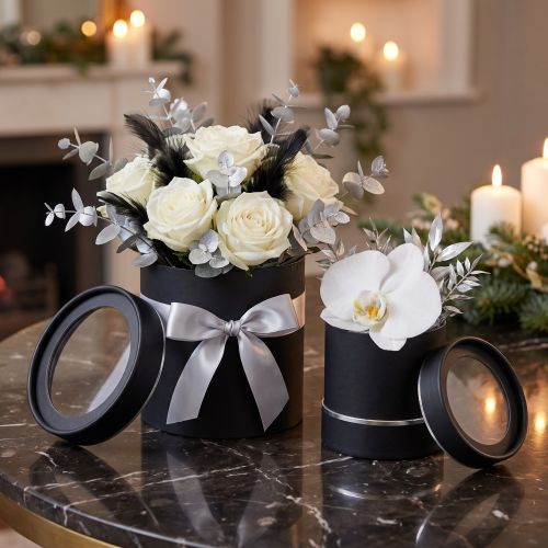 Blumenbox rund Karton Schwarz, Silber Ø10/12cm 2er Set | Floristik24.de
