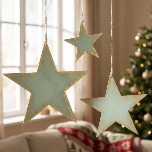 Holzsterne zum Aufhängen Fensterdeko Mint Gold 12/20/26cm 3er-Set | Floristik24.de