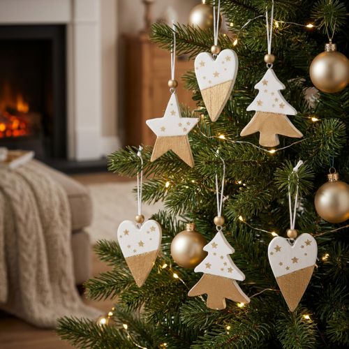 Weihnachtsschmuck Holz Stern Herz Baum 6er Set Weiß Gold