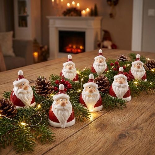 Keramik Weihnachtsmann Figur 6er Set 6,4 cm Rot-Weiß