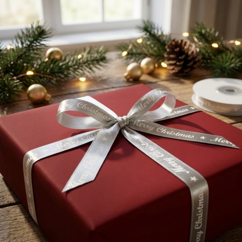 Artikel Weihnachtsband Merry Christmas Band Silber Weiß 10mm 20m