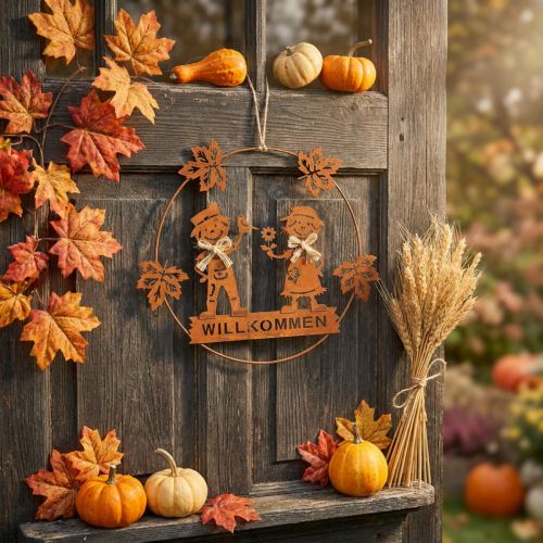 Willkommensschild Dekohänger Edelrost Herbstdeko Ø22cm 2St | Floristik24.de