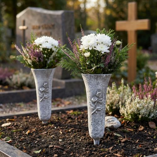 Grabvase Grau mit Rosenmotiv H26cm 2er Set