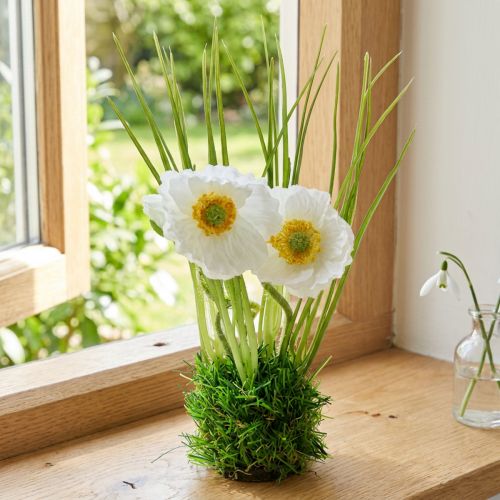 Künstliche Mohnblume Weiß 23cm mit Grasballen