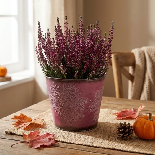 Pflanztopf mit Blattdeko, Herbstdeko, Metallübertopf Weinrot Ø16,5cm H14,5cm | Floristik24.de