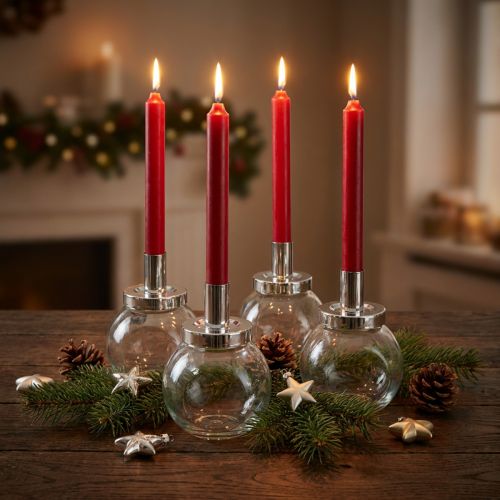 Stabkerzenhalter Kerzenständer Glas Metall Silber Ø10,5cm 4St | Floristik24.de
