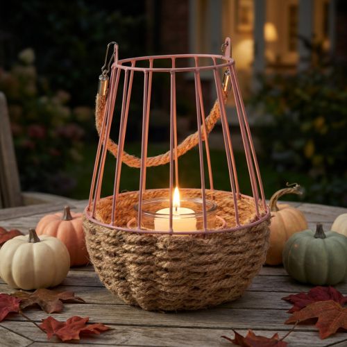 Artikel Windlicht mit Henkel und Kerzenglas Rosa Natur Ø18cm H22cm