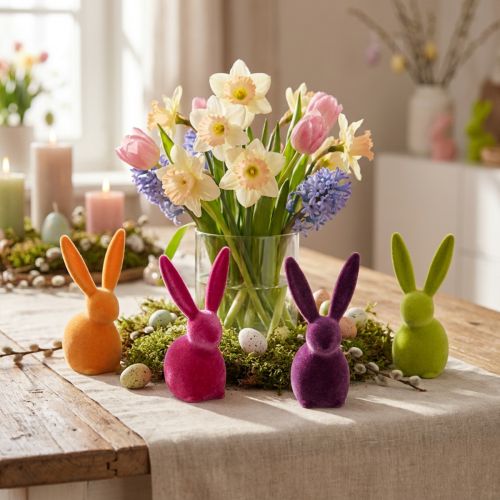 Hasen klein Sitzende Osterhasen Bunt beflockt 13cm 8 St | Floristik24.de
