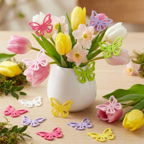 Artikel Filz-Schmetterlinge bunt – Frühlingshafte Deko-Schmetterlinge 6 Farben 4cm 72 St