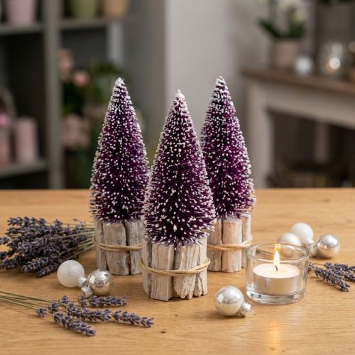 Lila Deko-Tannenbaum 15cm 3er Set mit Schneespitze