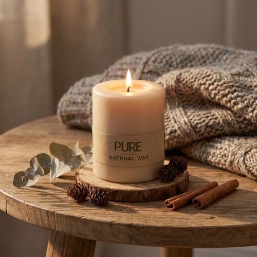 PURE Stumpenkerze Beige Naturwachs 90/70mm