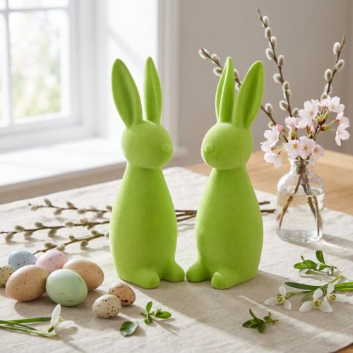Hasen beflockt Apfelgrün Tischdeko Ostern 8×10×29cm 2 St | Floristik24.de