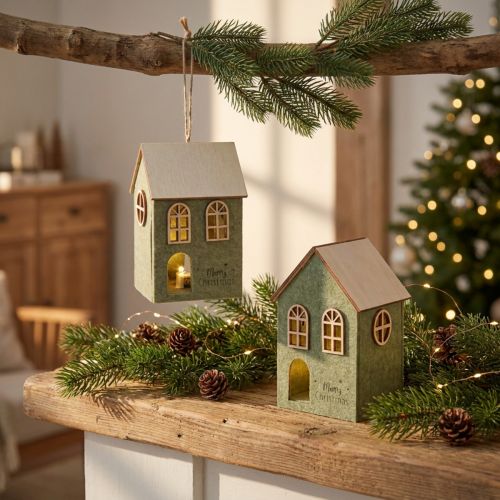 Christbaumschmuck Filzhäuschen Grün LED 2er Set