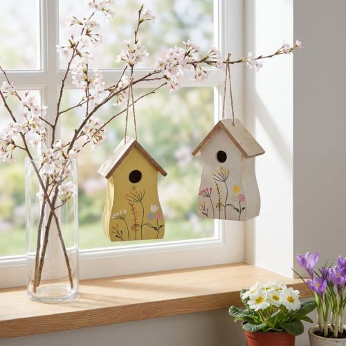 Artikel Deko zum Hängen Vogelhäuschen Holz Weiß Gelb 13cm 2 St