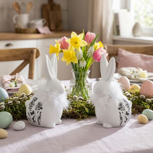 Keramikhasen Weiß Sitzend Blumen Federn 9×7×14cm 2St | Floristik24.de