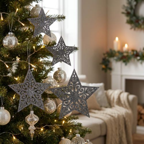 Weihnachtsstern mit Ornamenten Silbergrau sortiert 8cm - 12cm 9 St | Floristik24.de