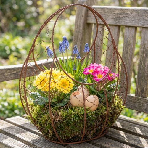 Drahtkorb, Pflanzgefäß aus Metall, Frühlingsdeko, Osterkorb Braun, Edelrost H34cm L30cm | Floristik24.de