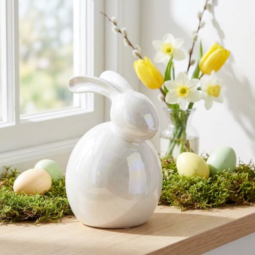 Keramikhase, Osterfigur, Frühlingsdeko, Osterhase Weiß, Perlmuttfarben H17cm | Floristik24.de