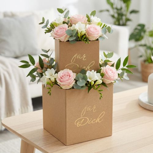 Geschenkbox „Für Dich“ Flowerbox eckig Beige 14/12cm 2er-Set | Floristik24.de