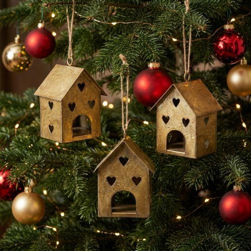 Weihnachtsanhänger Metall Haus Vintage Gold H9,5cm 3St | Floristik24.de