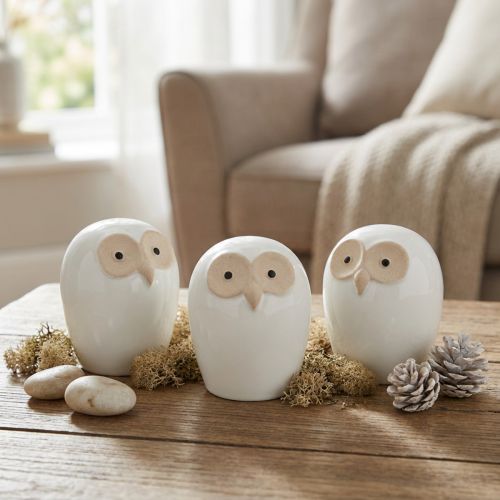 Eulen Deko Figuren Keramik Weiß 11,5cm 3er Set