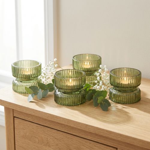 Teelichthalter Glas Deko Geriffelt Grün Ø9cm H7cm 4 St | Floristik24.de