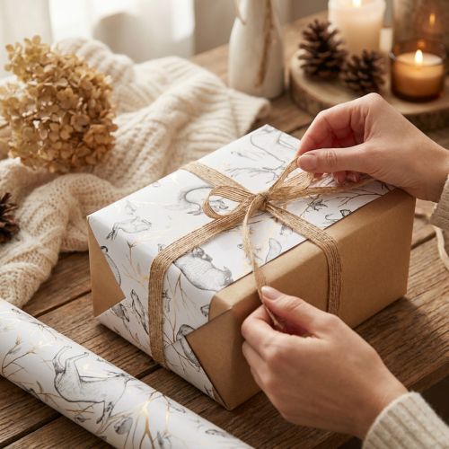 Artikel Geschenkpapier Tiere Weiß Grau Gold Herbst Winter 200cm