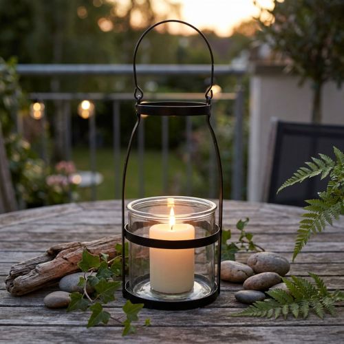 Windlicht Glas H25cm schwarz mit Henkel