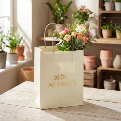 Papiertüten mit Henkel Aufdruck Creme/Gold 20×11×25cm 6St | Floristik24.de
