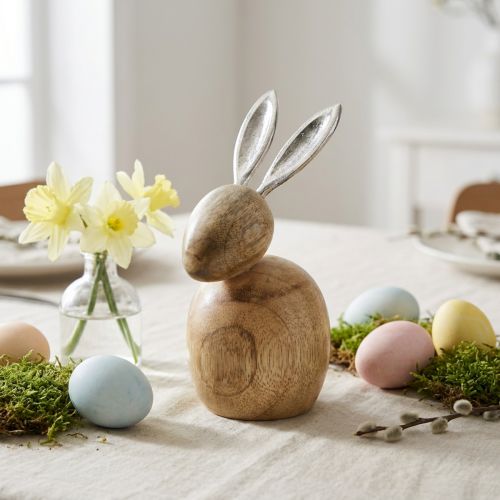 Hasen Deko Holz Metall Silber Ostern 12,5x14x16,5cm | Floristik24.de